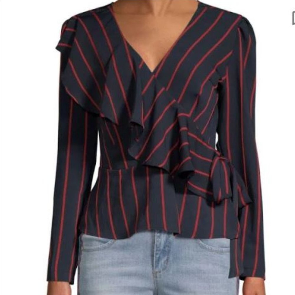 Lea & Viola Navy Red Striped Ruffle Wrap Peplum Top Long Sleeve M
